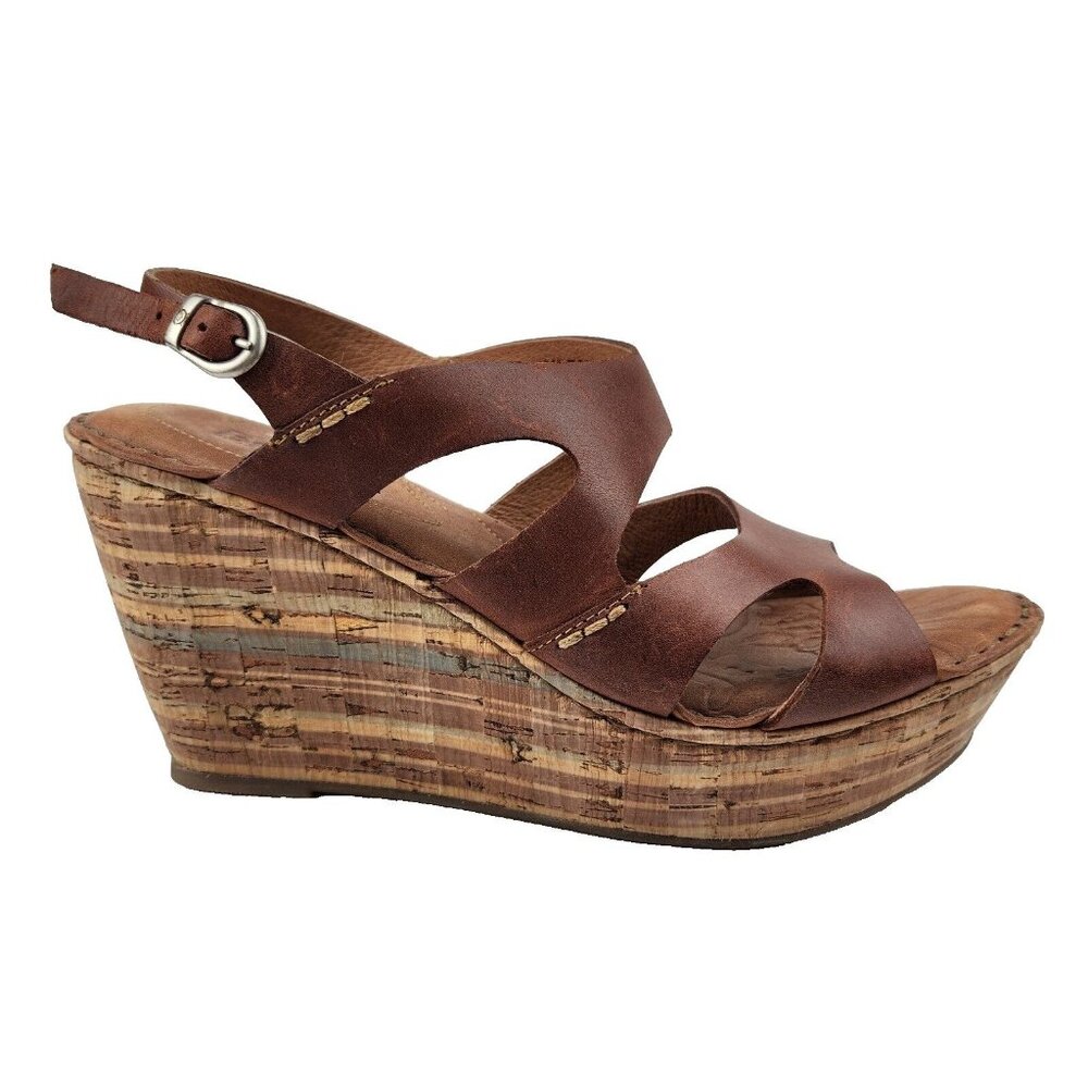 Born Beluna Cork Platform Wedge Sandals Womens 9 Brown Leather Boho Hippie